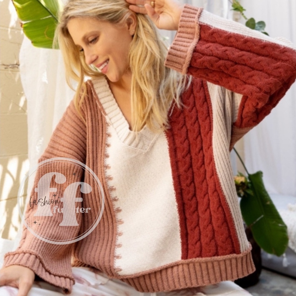 POL Soft Multi Mixed Knit Patchwork Color Block Chenille Pullover Sweater Top